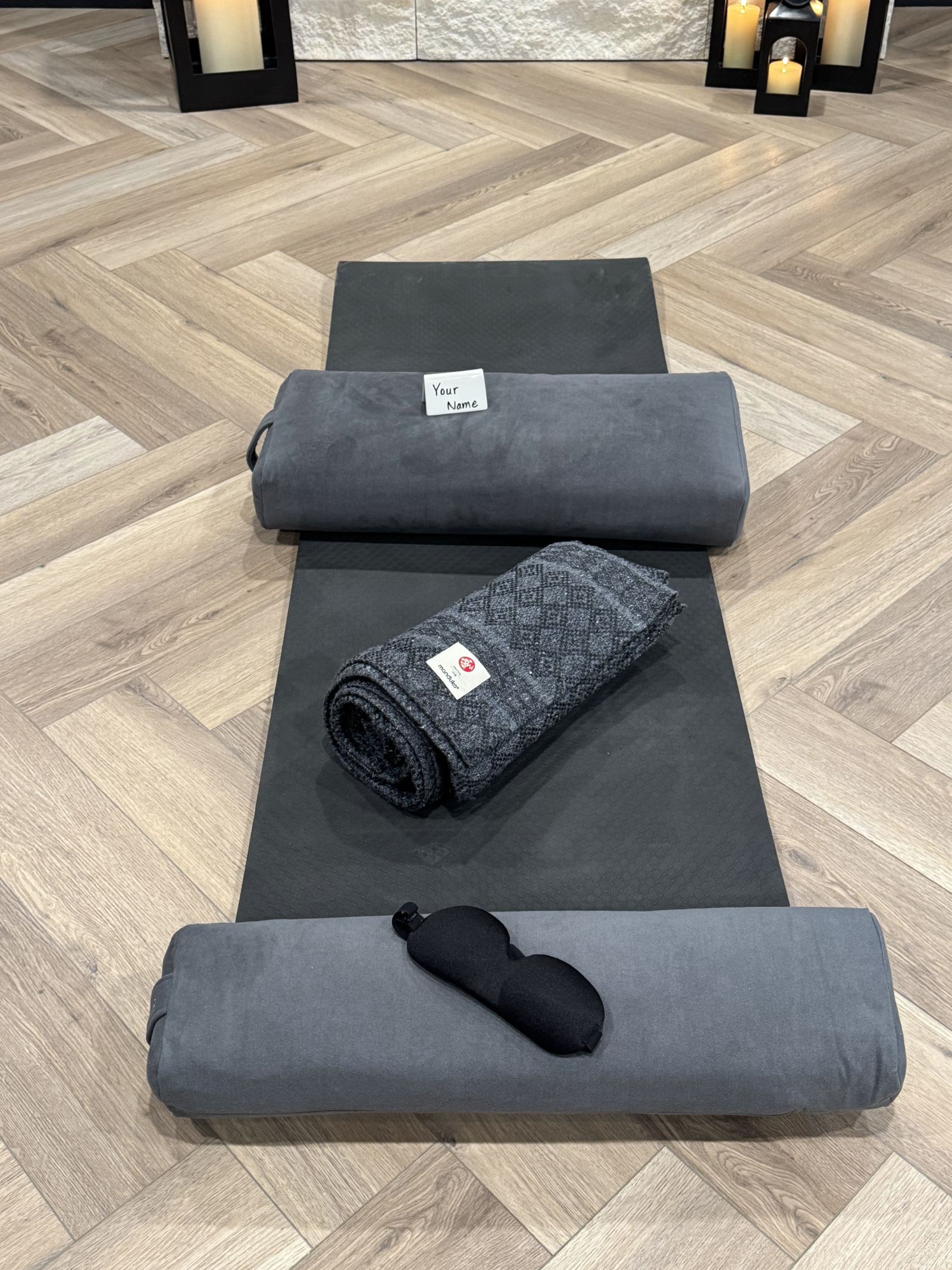 Mat, bolster and eye pillow ready for practice